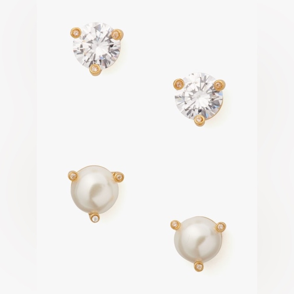 Kate Spade Rise and Shine Cream Clear Pearl Diamond Prong Stud Earribgs Set NEW